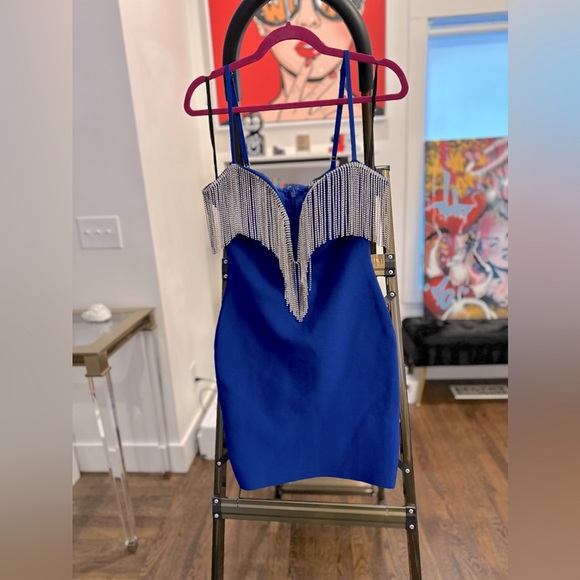 AKIRA BLUE BODYCON MINI DRESS W/RHINESTONE CASCADE SZ MED - Picture 1 of 3